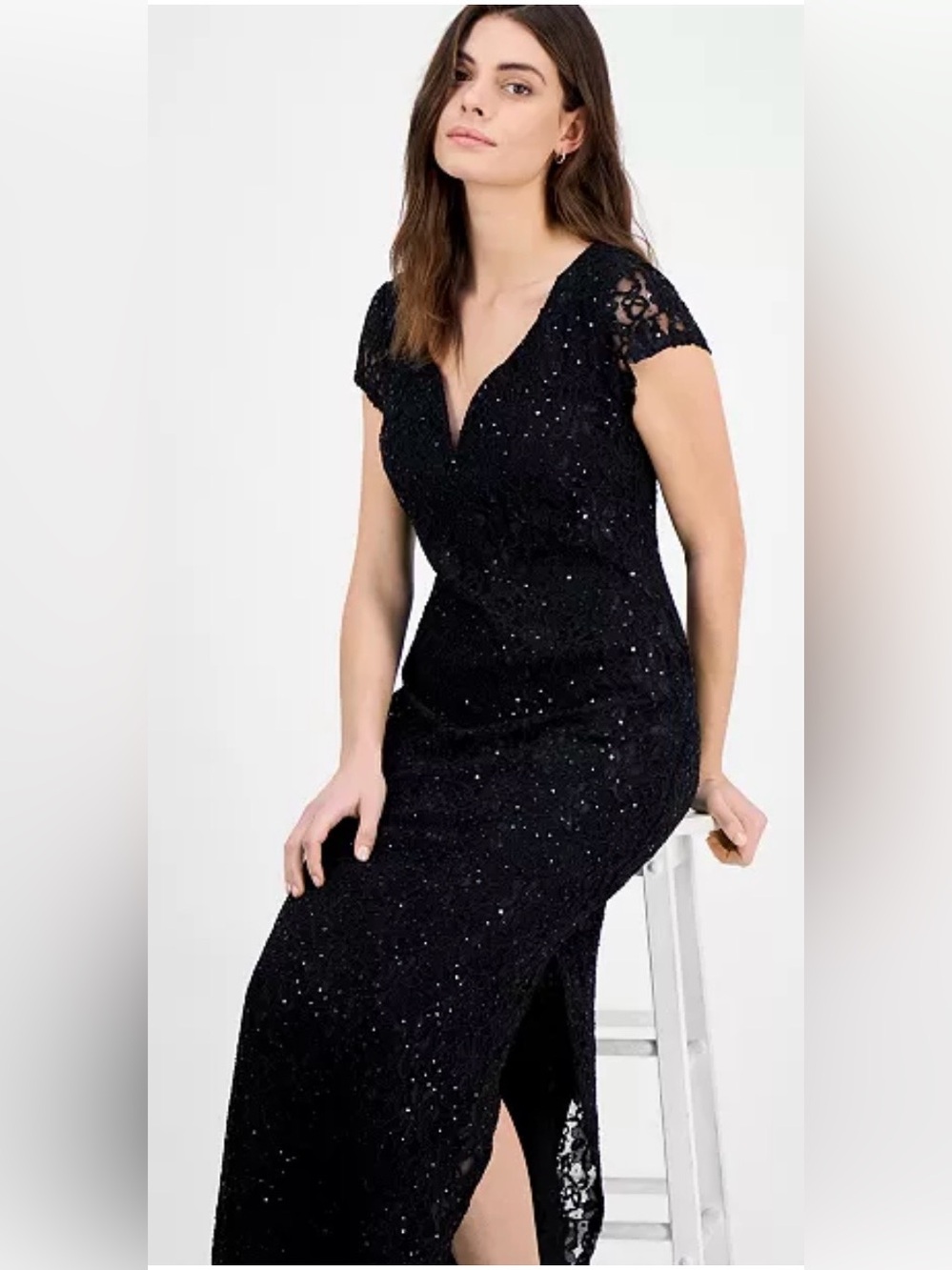 connected apparel Black Lace Sequin Long-Sleeve Evening Gown - Picture 2 of 14
